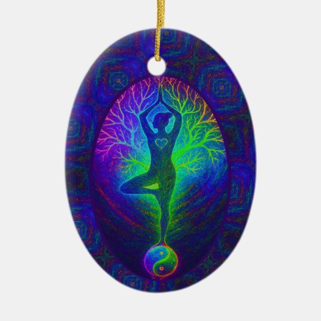 Yoga Tree Peace Rainbow Ceramic Ornament (Front)