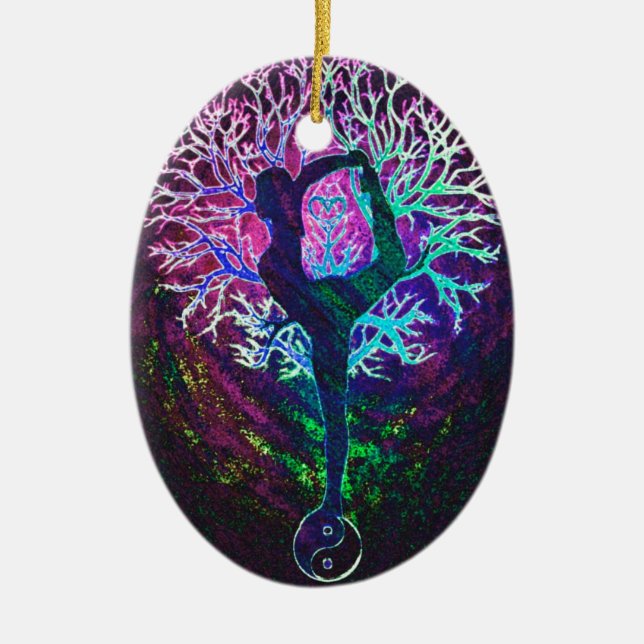 Yoga Tree Peace Rainbow Ceramic Ornament (Front)