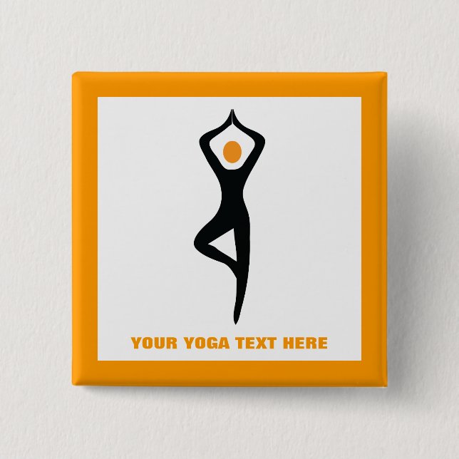 Yoga tree pose black, orange custom 2 inch square button (Front)