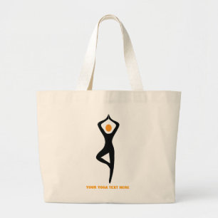 Yoga tree pose black, orange custom large tote bag