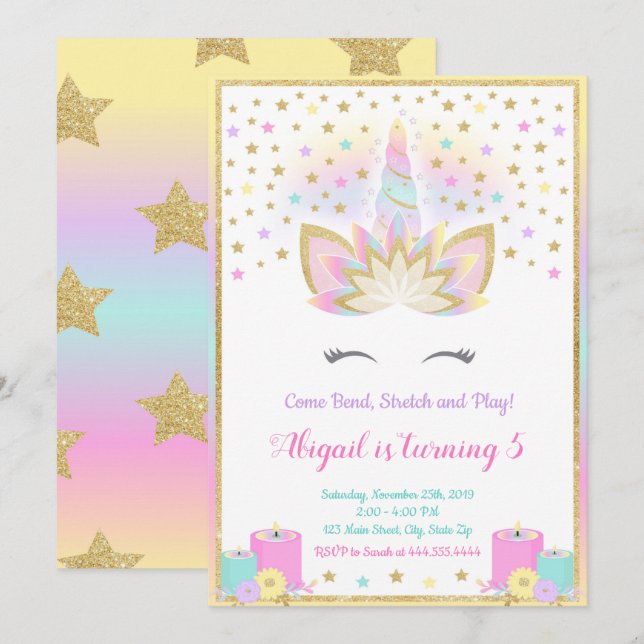 Yoga Unicorn Invitation, Unicorn Invitation (Front/Back)