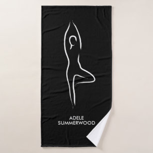 Yoga Vrksasana Line Art Symbol on Black Bath Towel Set