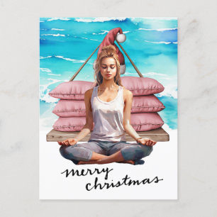Yoga Woman at Beach Christmas themed Holiday Postcard