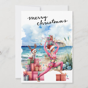 Yoga Woman with Gift at Beach Christmas themed Holiday Card