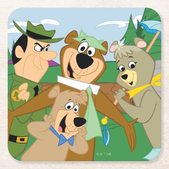 Yogi Bear and Friends Framed Forest Picture Square Paper Coaster (Front)