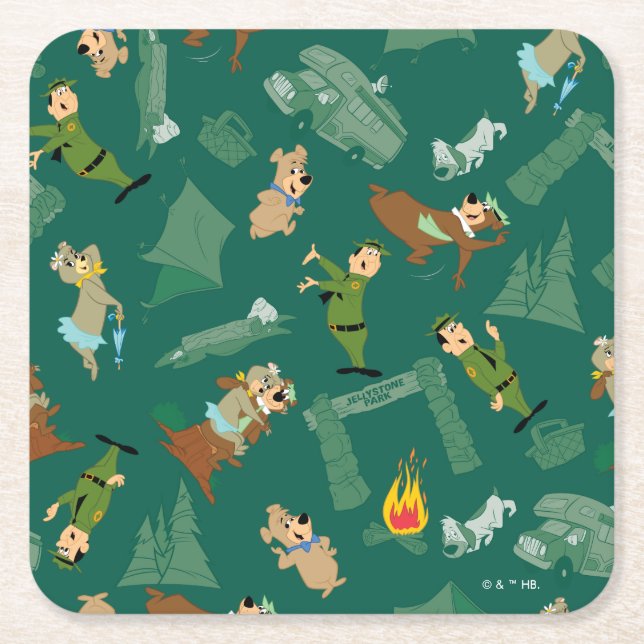 Yogi Bear and Friends Jellystone Park Camp Pattern Square Paper Coaster (Front)