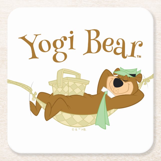 Yogi Bear Picnic Hammock Nap Time Square Paper Coaster (Front)