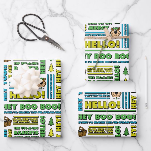Yogi Bear's Picnic Quotes & Fun Phrases Pattern Wrapping Paper Sheet (Front)