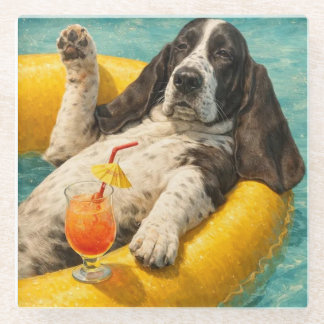 Yogi the Basset Hound Chilling at the Pool Glass Coaster