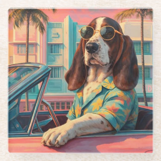 Yogi the Basset Hound Cruising the Beach Glass Coaster