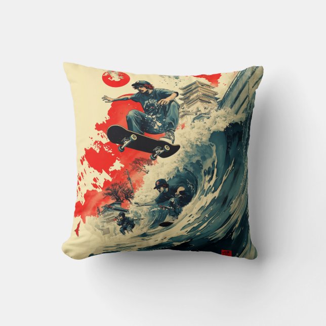 Yokai Wave: Skateboard Tsunani Throw Pillow (Front)