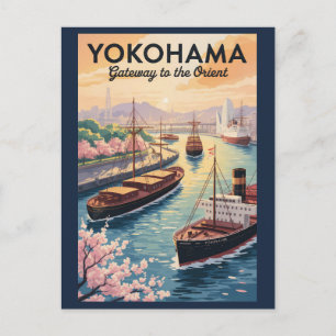 Yokohama Japan Illustration Travel Art Vintage Postcard