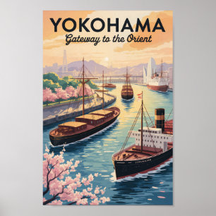 Yokohama Japan Illustration Travel Art Vintage Poster