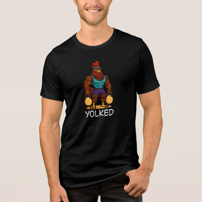 Yolked Rooster – Funny Strong Chicken Kettlebell Tri-Blend Shirt (Front)