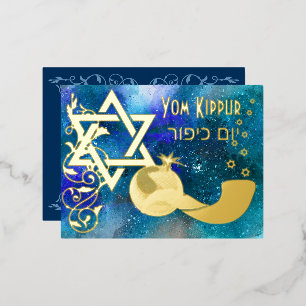 Yom Kippur Star Shofar Blue Real Foil Invitation Postcard