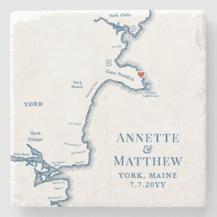 York Maine Wedding Favour Navy Blue Map Stone Coaster