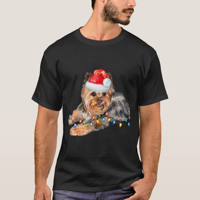 Yorkie Christmas Light Puppy Dog Xmas Funny T-Shirt (Front)