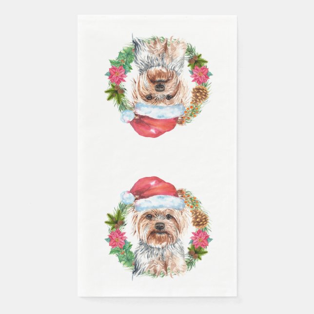 Yorkie cute Father Christmas wreath hat art Napkin (Front)