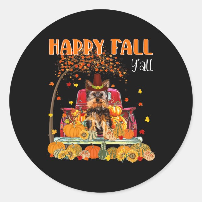 Yorkie Dog Autumn Fall Pumpkin Truck Mappe Thanksg Classic Round Sticker (Front)