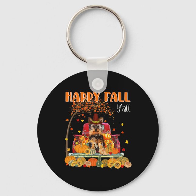 Yorkie Dog Autumn Fall Pumpkin Truck Mappe Thanksg Keychain (Front)