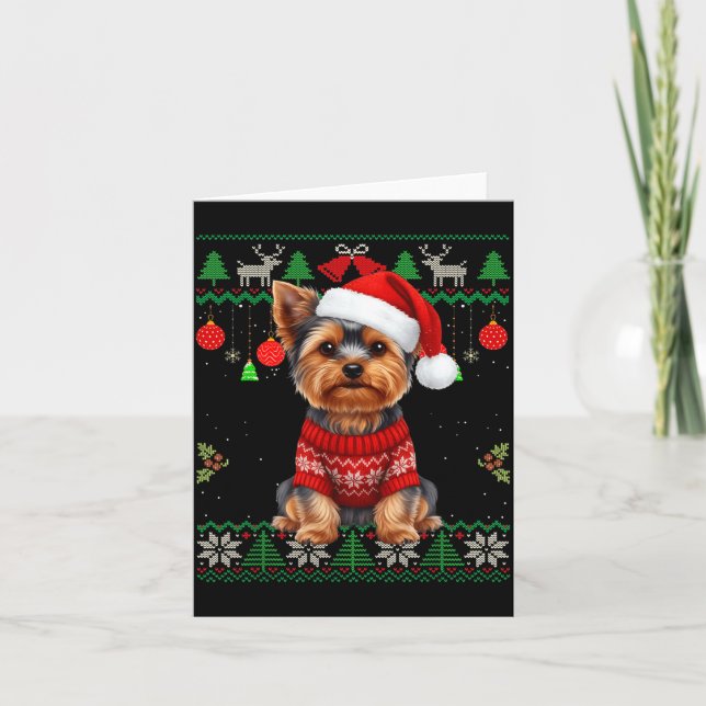 Yorkie Dog Christmas Wearing Ugly Christmas Sweate Card (Front)