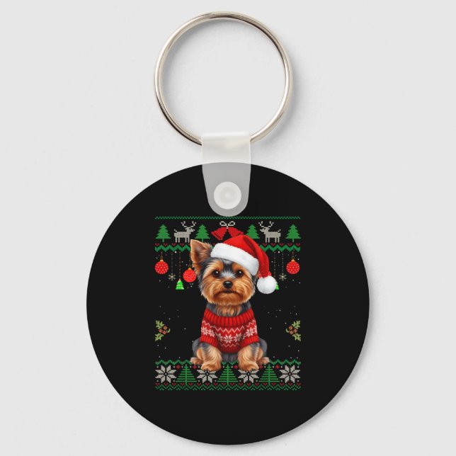 Yorkie Dog Christmas Wearing Ugly Christmas Sweate Keychain (Front)