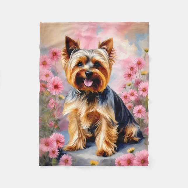 Yorkie Dog Flower Fleece Blanket (Front)