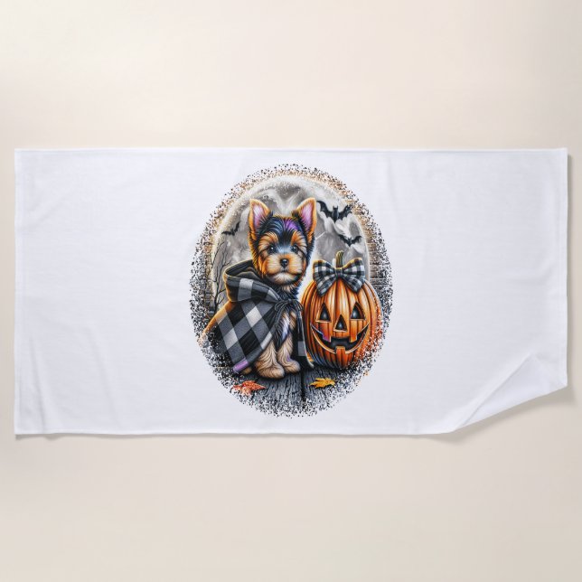 Yorkie Dog Halloween Beach Towel (Front)
