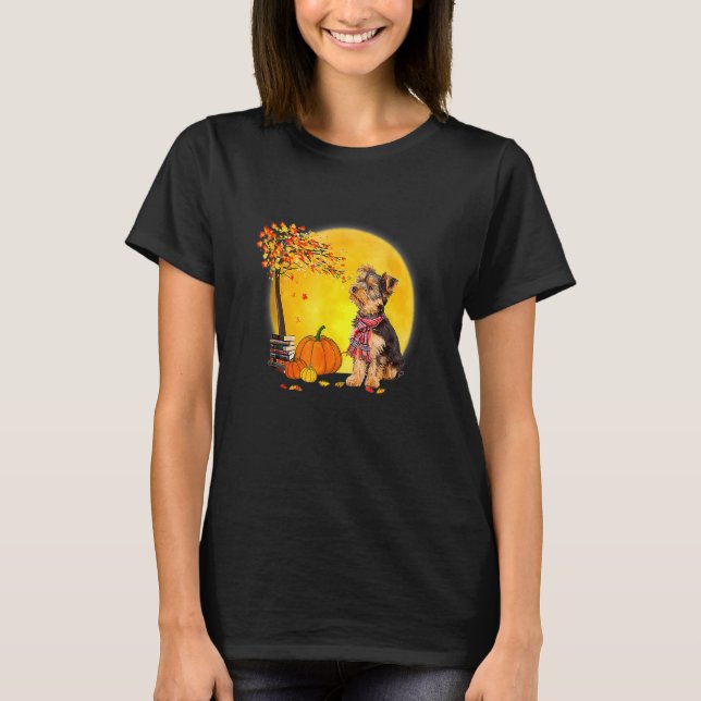 Yorkie Dog Leaf Fall Hello Autumn Thanksgiving T-Shirt (Front)