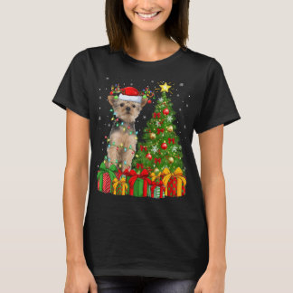 Yorkie Dog Lighting Xmas Tree Santa Hat Yorkie Chr T-Shirt