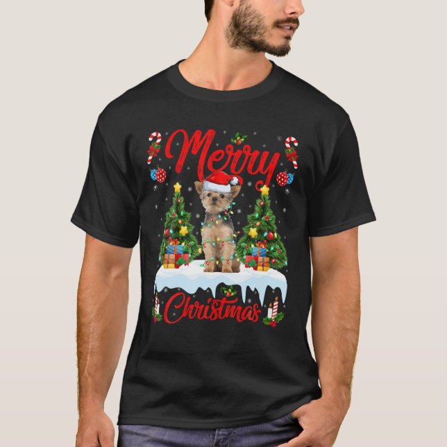 Yorkie Dog Lover Xmas Lighting Santa Yorkie Christ T-Shirt (Front)