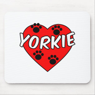 Yorkie Dog Paw Prints And Red Heart Mouse Pad