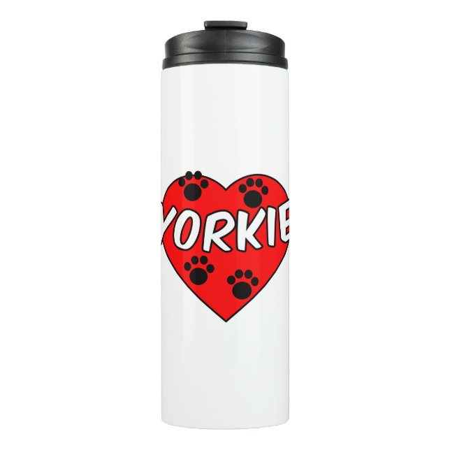 Yorkie Dog Paw Prints And Red Heart Thermal Tumbler (Front)