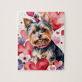 Yorkie Dog Pet Portrait Watercolor Valentine Jigsaw Puzzle