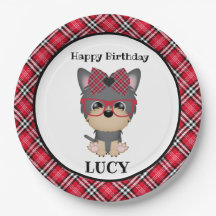 Yorkie Dog Red Plaid Birthday Party Plate