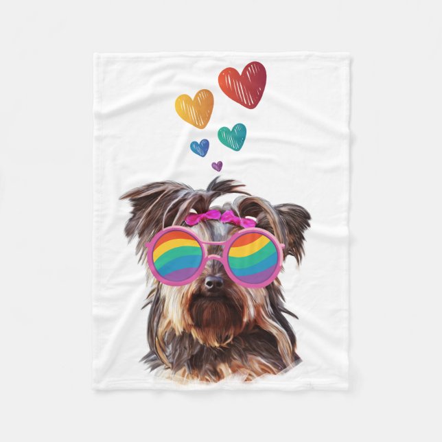 Yorkie Dog with Hearts Valentine's Day Fleece Blanket (Front)