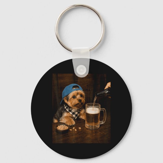 Yorkie Drinking Beer Funny Dog Meme Artwork Keychain (Front)