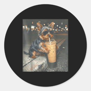 Yorkie drinking iced coffee funny animal meme dog classic round sticker