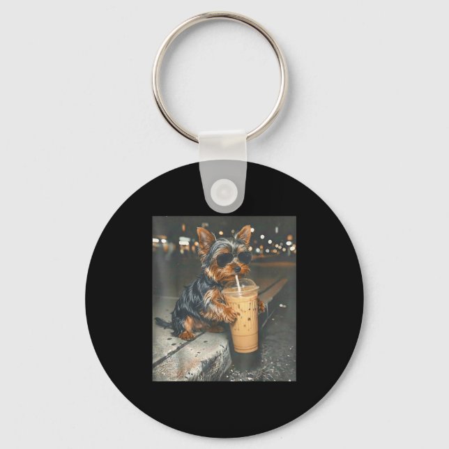 Yorkie drinking iced coffee funny animal meme dog keychain (Front)