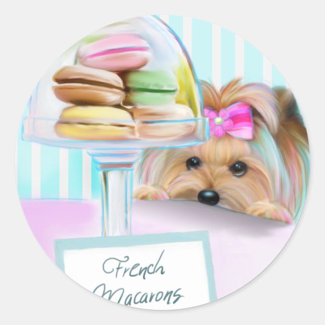 Yorkie French Macarons Classic Round Sticker (Front)