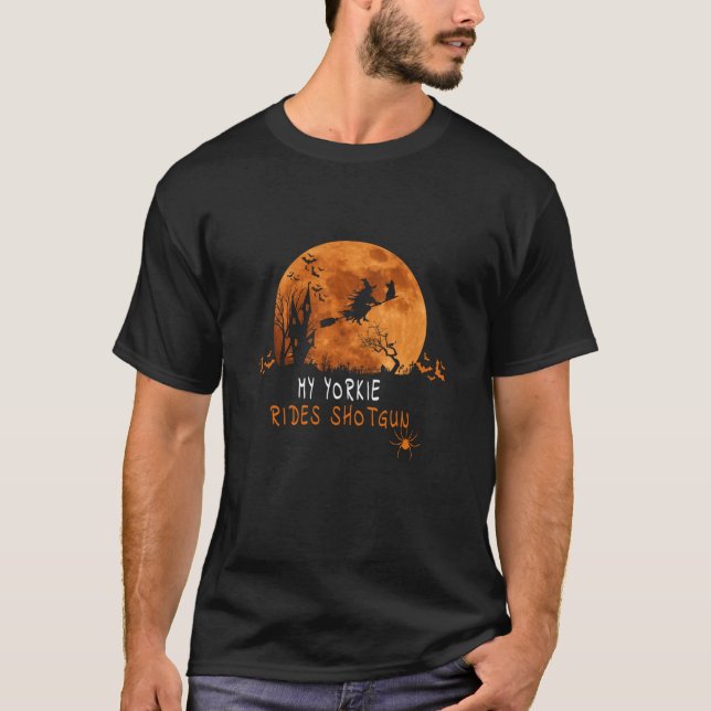 Yorkie Halloweens Costume Rides Shotgun Funny Gift T-Shirt (Front)