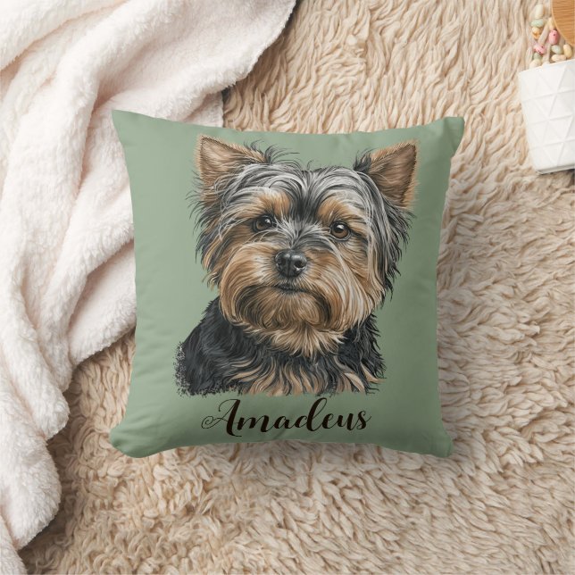 Yorkie Illustration Dog Green Home Decor  Throw Pillow (Blanket)