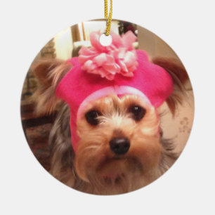 Yorkie in a Hat Ceramic Ornament