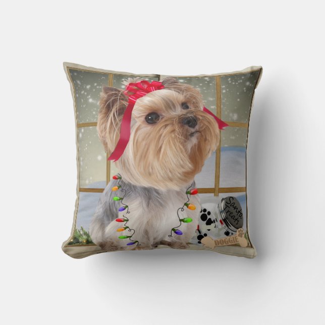 Yorkie In Christmas Light Pillow By PetVenturesUSA (Front)