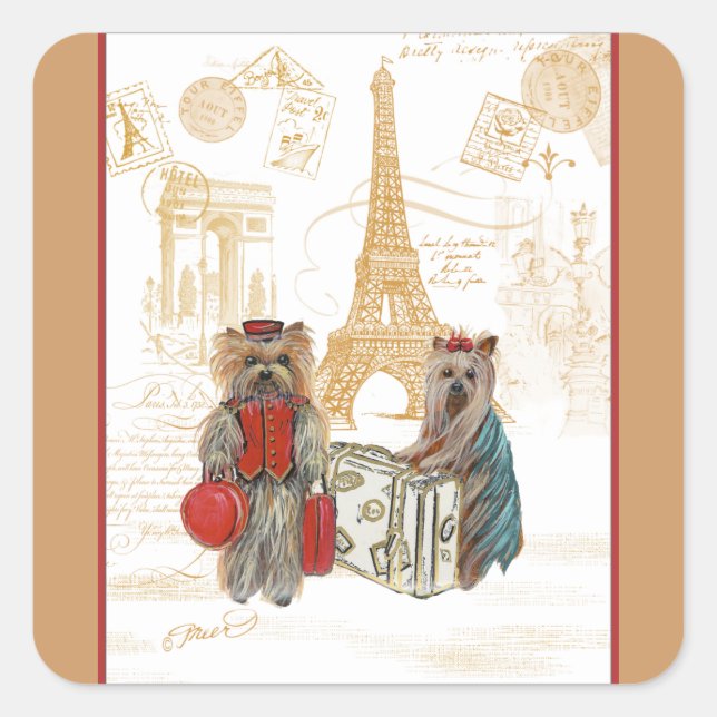 Yorkie in Paris & Eiffel Tower Square Sticker (Front)