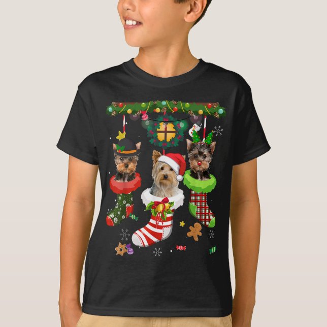 Yorkie In Socks Christmas Santa Hat Xmas Lights Do T-Shirt (Front)