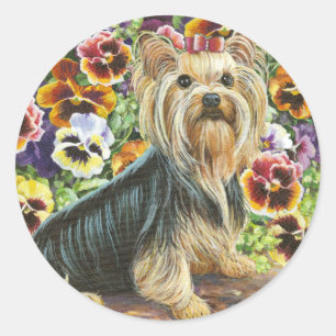 Yorkie in the Pansy Garden Stickers Tags