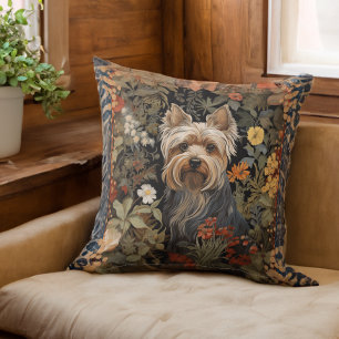 Yorkie or Silky Terrier Cute Dog in Flower Garden Throw Pillow