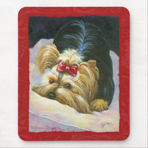 Yorkie Peekaboo Art Red Embossed Mouse Pad