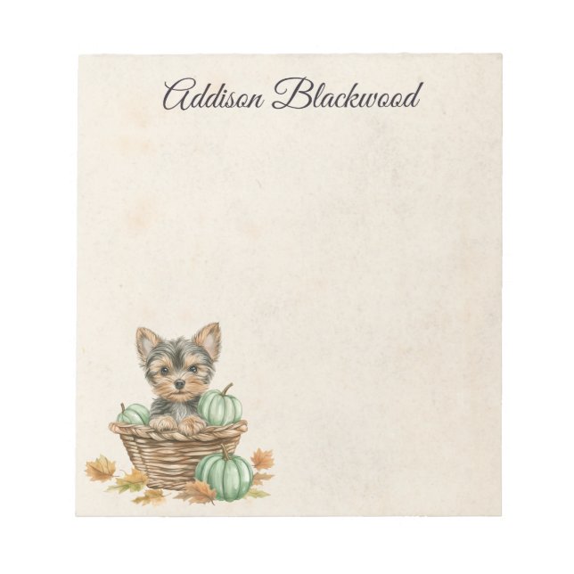 Yorkie Puppy Fall Leaves and Pumpkins Personalized Notepad (Front)